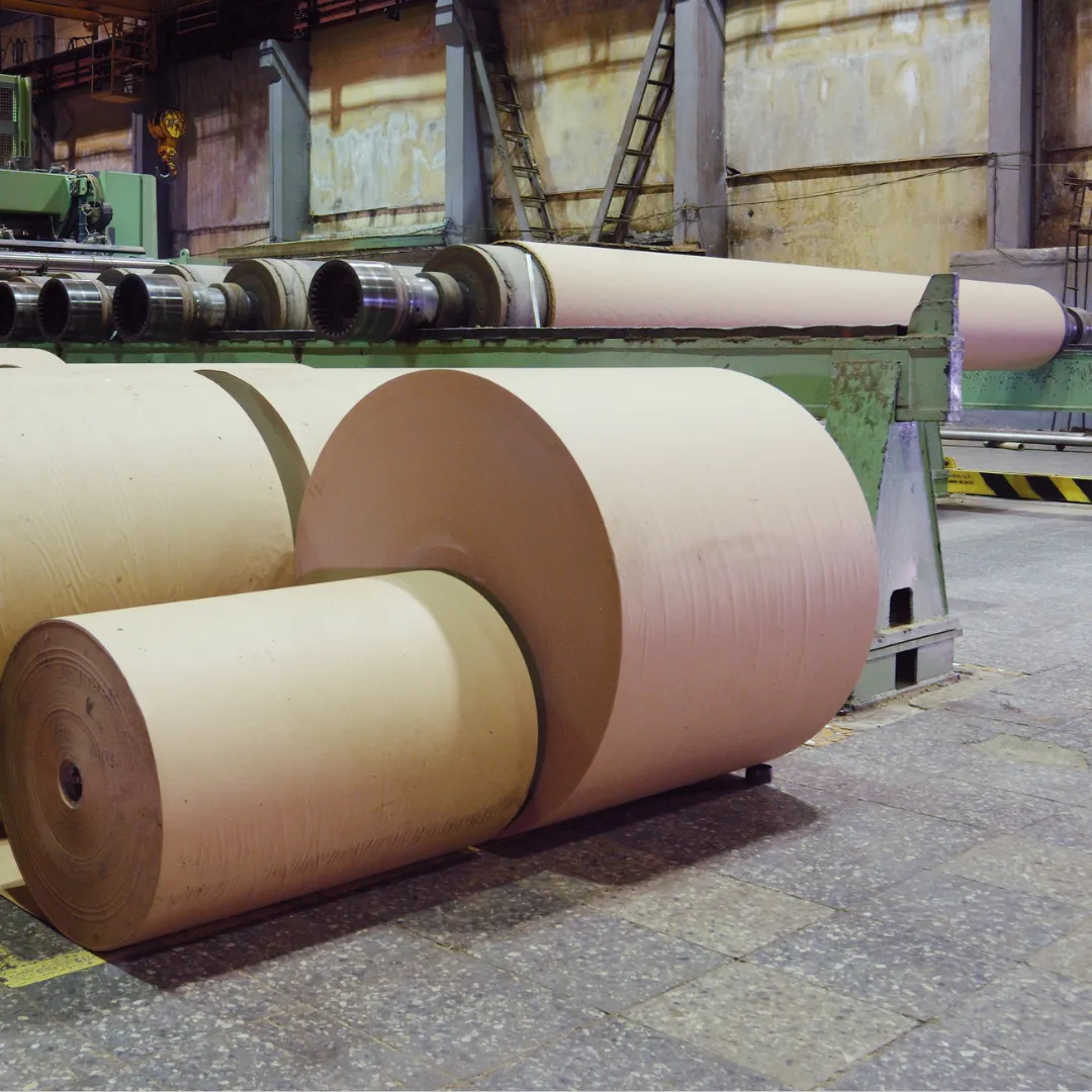 A factory or warehouse with large rolls of paper.
